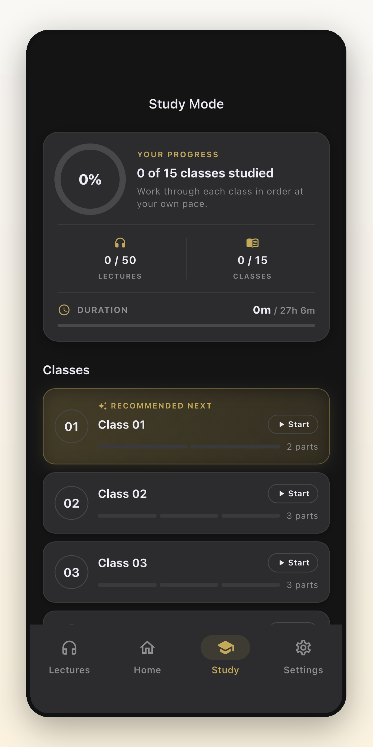 Study Mode — work through each class in order